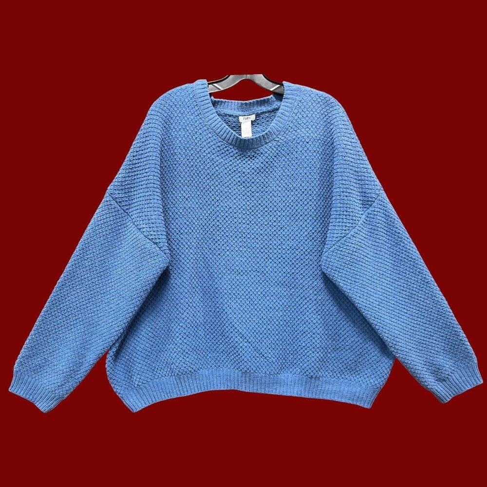 Rue + - Women's Long Sleeve Round Neck Crochet Sweater - Blue - 3X